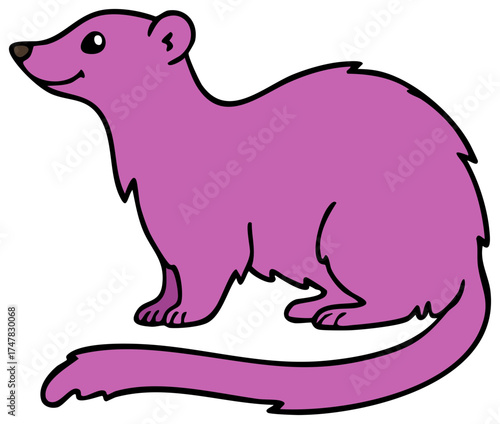Whimsical pink cartoon ferret with a long bushy tail smiling friendly