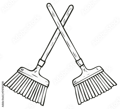 Two Crossed Brooms Cleaning Tools Simple Black and White Line Art Illustration