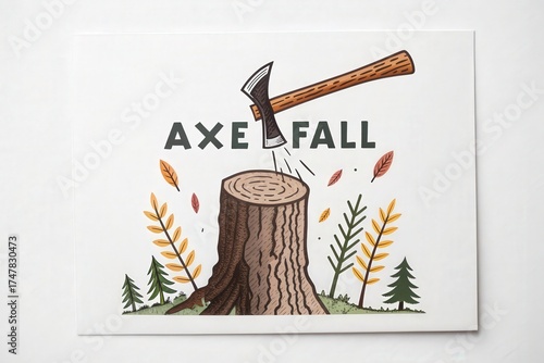 Axe about to fall striking a tree trunk in an illustration