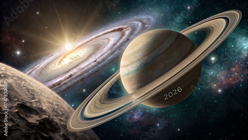 Stunning planetary alignment in 2026 featuring Saturn and a vibrant galaxy in cosmic deep space