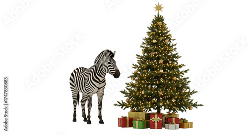 Isolated Realistic Zebra Standing Next To Decorated Christmas Tree