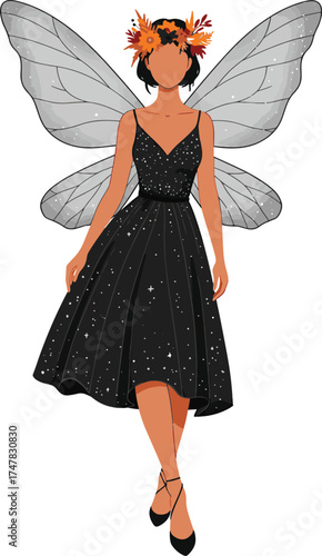 Black fairy Halloween dress with transparent wings and floral crown isolated