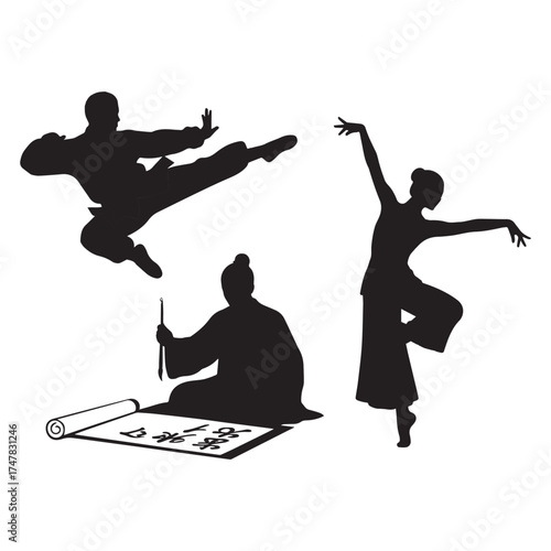Silhouettes of martial arts fighter calligrapher and dancer in dynamic poses