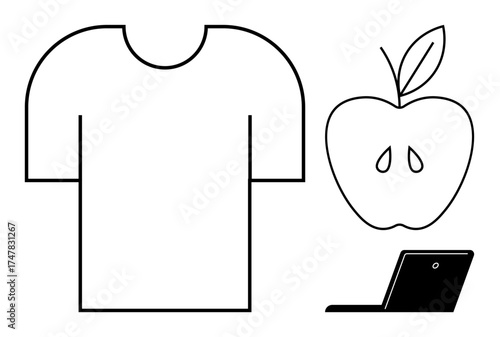T-shirt, apple with leaf, and laptop in simple black outlines. Ideal for fashion, technology, health, work-life balance, education, eco-friendly productivity simple flat metaphor