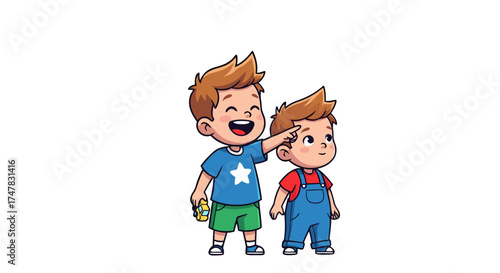 Happy young brothers spending quality time together, one playfully pointing at the other, cartoon illustration representing childhood bonding and sibling fun