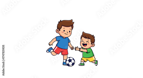 Two young boys playfully interacting with a soccer ball, enjoying outdoor activity and friendly competition on a white background