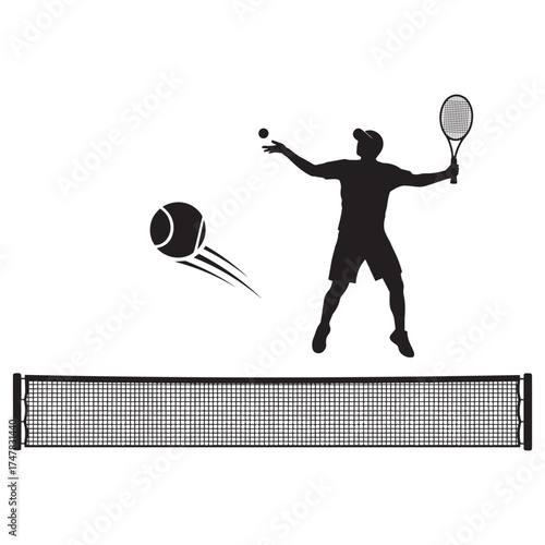 Silhouette of a male tennis player serving a ball over the net during a match