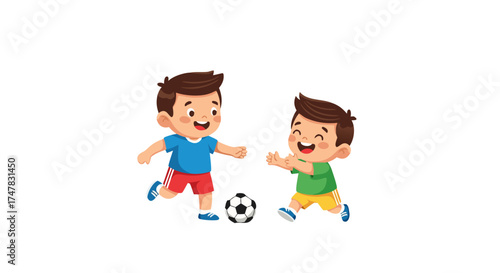 Two happy young boys playing soccer with a ball, enjoying a friendly game outdoors in a lively and energetic scene