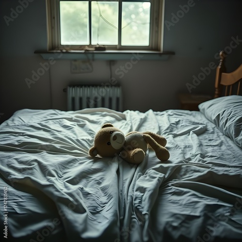 a faded stuffed animal lying on an unmade bed with worn blankets in an abandoned room