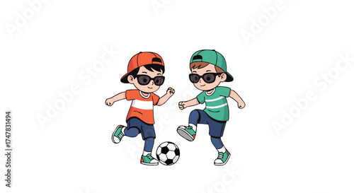 Two young boys wearing sunglasses and baseball caps playing soccer with a ball on a white background, outdoor sports and recreation