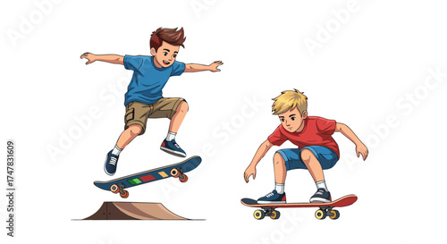 Two young boys enjoying extreme skateboarding on ramps and flat ground with stunts, embodying youthful energy and outdoor fun in a vibrant illustration
