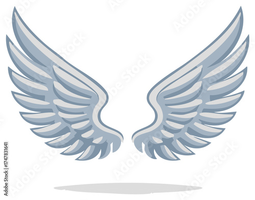 Pair of stylized light blue feathered wings spread wide, isolated on white background