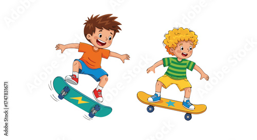 Two cheerful young boys having fun skateboarding outdoors on a sunny day, enjoying active leisure and extreme sports