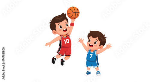 Two young boys playing basketball, one jumping for a slam dunk while the other watches excitedly, illustrating teamwork and sportsmanship in a fun activity