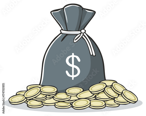 Cartoon Money Bag Filled with Coins, Sack with Dollar Sign and Pile of Currency