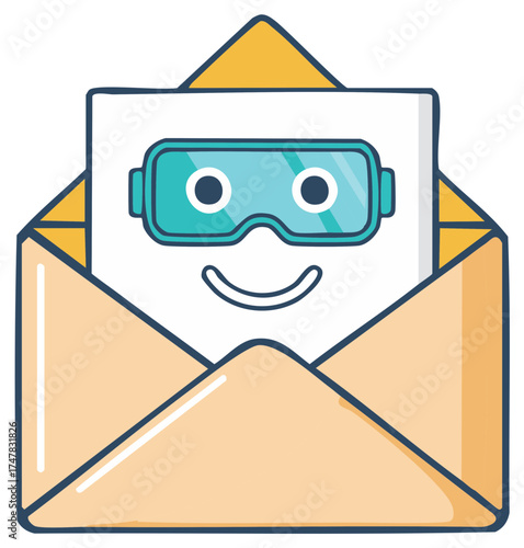 Cheerful cartoon envelope icon containing a smiling letter wearing virtual reality goggles headset