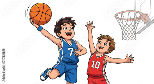 Two young boys happily playing basketball, one jumping to shoot and the other defending with a basketball hoop in the background