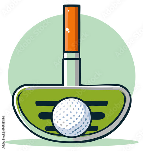 Vibrant cartoon illustration of a golf putter with a white dimpled ball depicting classic sports equipment for a game