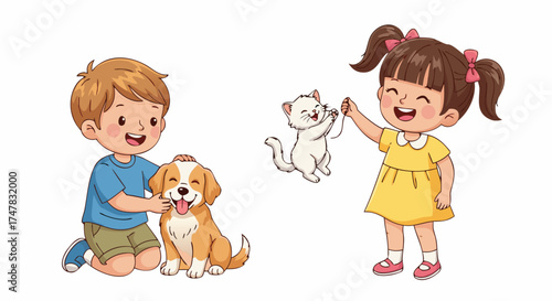 Children interacting with pets, a boy petting a dog and a girl playing with a cat, symbolizing companionship and childhood joy