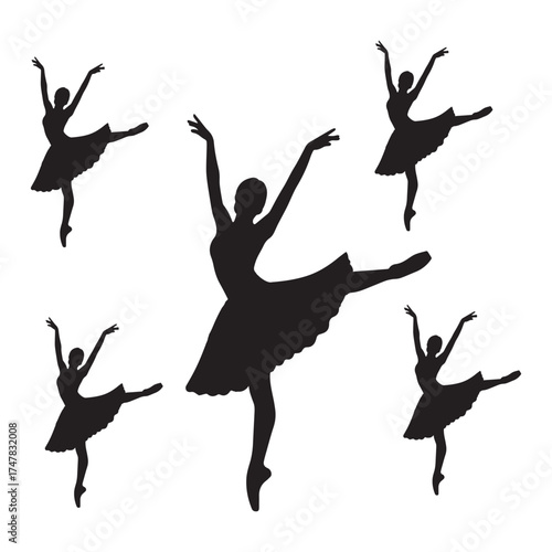 Five silhouettes of ballerinas in various poses on a white background