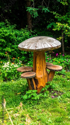 Wooden mushroom-shaped outdoor seating in a lush garden setting