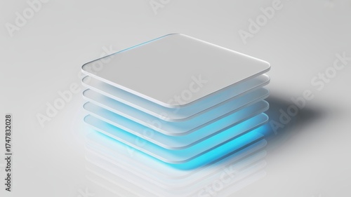 Stack of five abstract white data layers glowing with vibrant blue light on a clean reflective surface.
