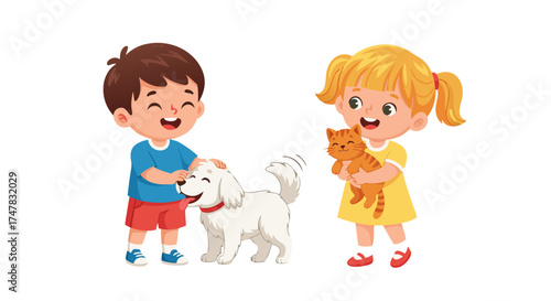 Cute cartoon children happily interacting with their beloved pets, a fluffy white dog and a ginger cat, showcasing friendship and joy