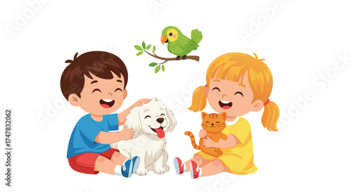 Joyful Children with Beloved Pets, a Playful Dog and a Cute Kitten, alongside a Chirping Bird in a Tree Branch, Illustrating Companionship and Happiness