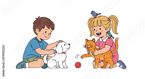 Happy children playing with their beloved pets, a cute dog and a cat, surrounded by adorable birds on a white background