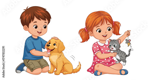 Illustration of a boy petting a dog and a girl playing with a cat, depicting companionship and friendship between children and pets
