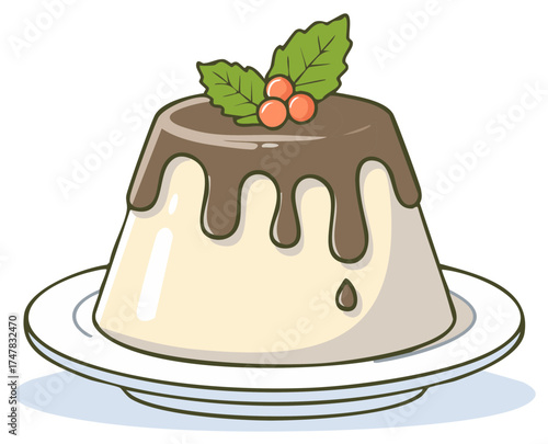 Cartoon illustration of panna cotta dessert with chocolate sauce and holly berries on plate