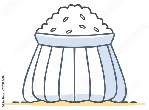 Stylized illustration of a full sack overflowing with raw white rice grains