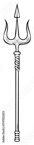 Ornate mythological trident weapon in a clean black line art vector illustration