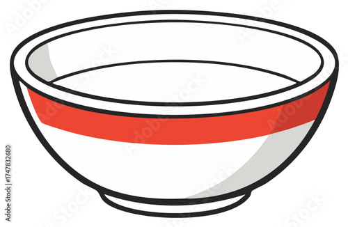 Empty Ceramic Serving Bowl with Red Stripe Illustration for Soups or Cereals