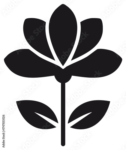 Stylized Black Silhouette of a Blooming Flower with Leaves on a Stem