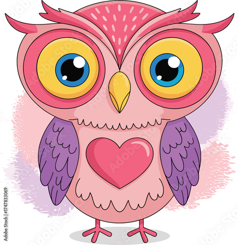Pink cartoon owl with heart chest and expressive eyes, whimsical vector illustration, children’s art, cute animal character, pastel background design