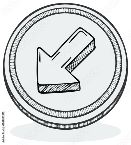 Hand Drawn Graphic Arrow Pointing Downward Inside Circular Token Shape Design Element