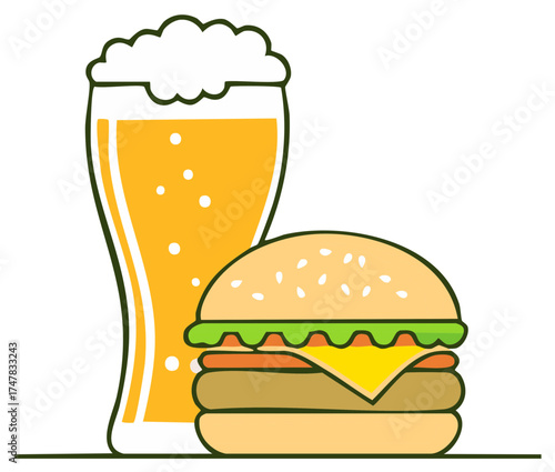 Classic hamburger and tall glass of frothy beer illustration