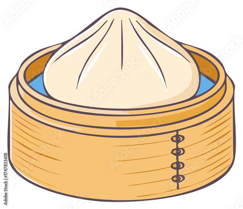 Cartoon of Chinese soup dumpling in bamboo steamer food illustration