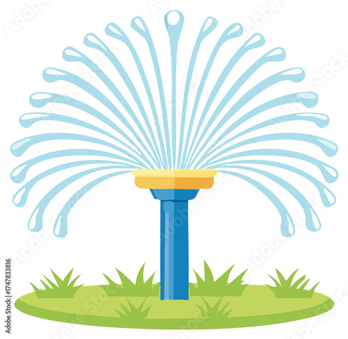 Automatic garden sprinkler spraying water, vector illustration in flat style