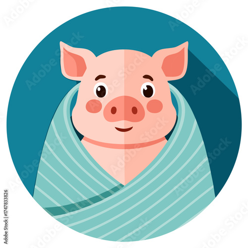 Cute pig cartoon wrapped in blanket, isolated on a blue circle background