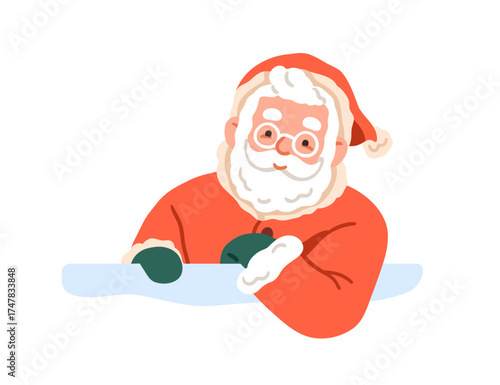 Santa Claus peeping, peeking out from behind snow wall. Cute Happy winter holiday character with beard, Christmas cap, smiling and looking. Flat vector illustration isolated on white background