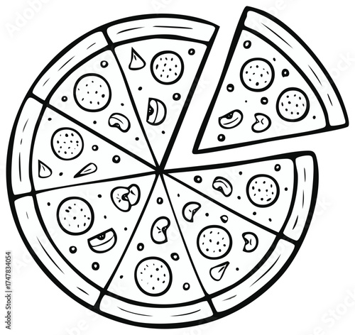 Round pizza with mushrooms and salami in black and white outline with a missing slice