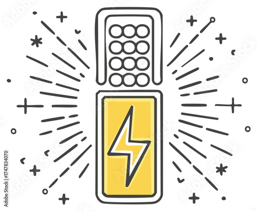 Doodle style battery or power bank icon with lightning bolt and full charge indicator