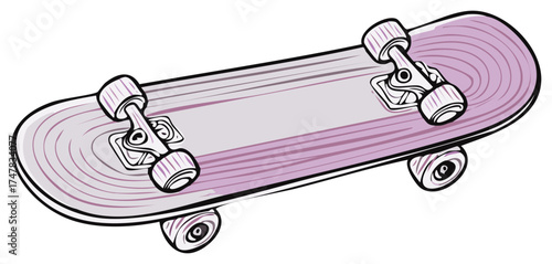 Stylized cartoon illustration of a purple skateboard with bold outlines