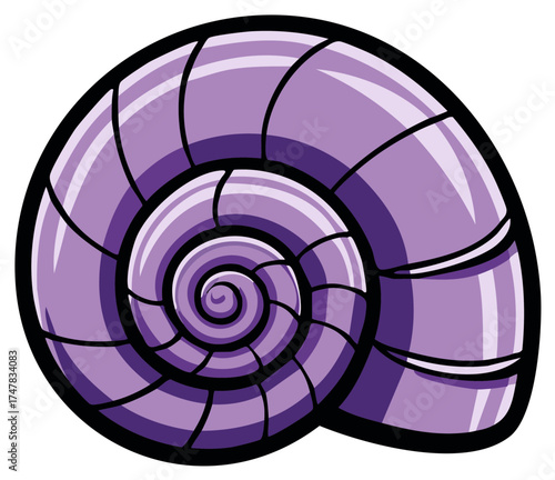 Purple spiral seashell vector illustration with bold black outlines and chambered design