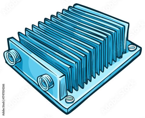Blue Computer Heat Sink with Fins and Ports for Cooling Components