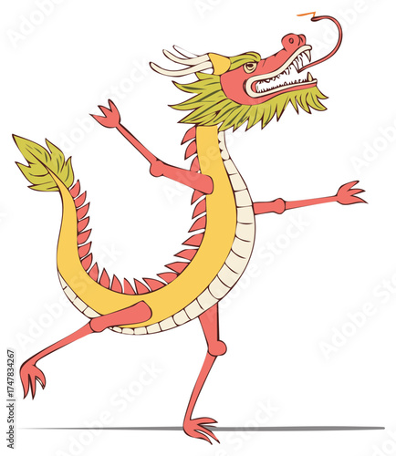 Playful cartoon dragon with traditional Chinese design dancing merrily