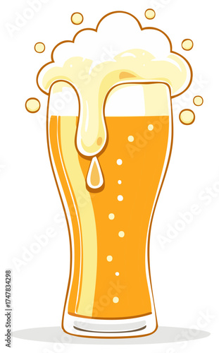Cartoon depiction of a tall glass of beer with overflowing foam and bubbles.