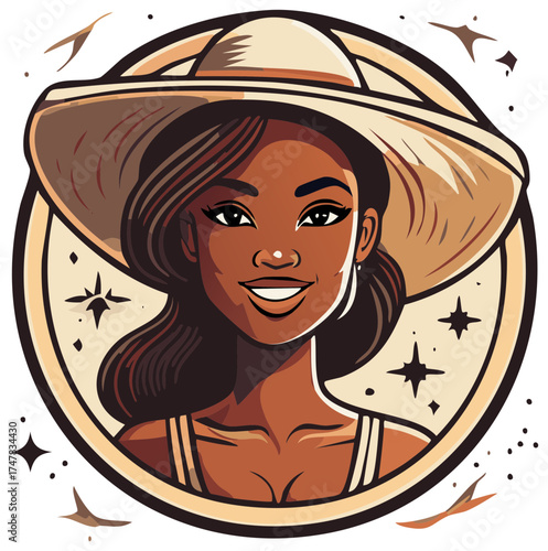 Smiling Portrait of Woman with Straw Hat in Circular Frame with Stars and Birds